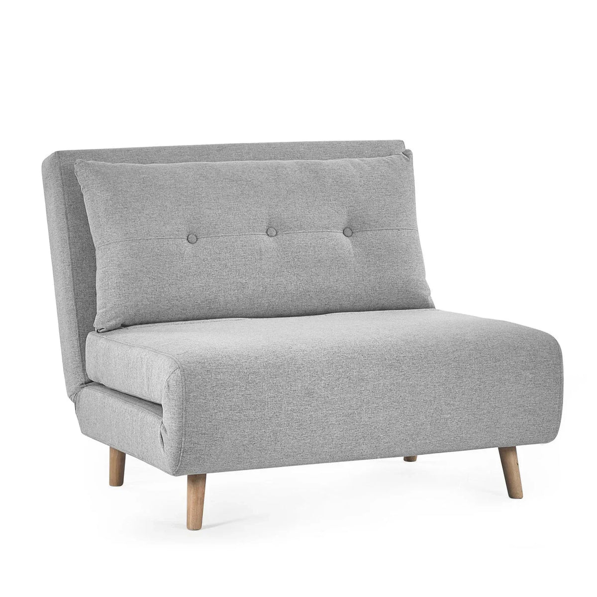 Grey fabric single sofabed with wooden legs and buttoned backrest on white background