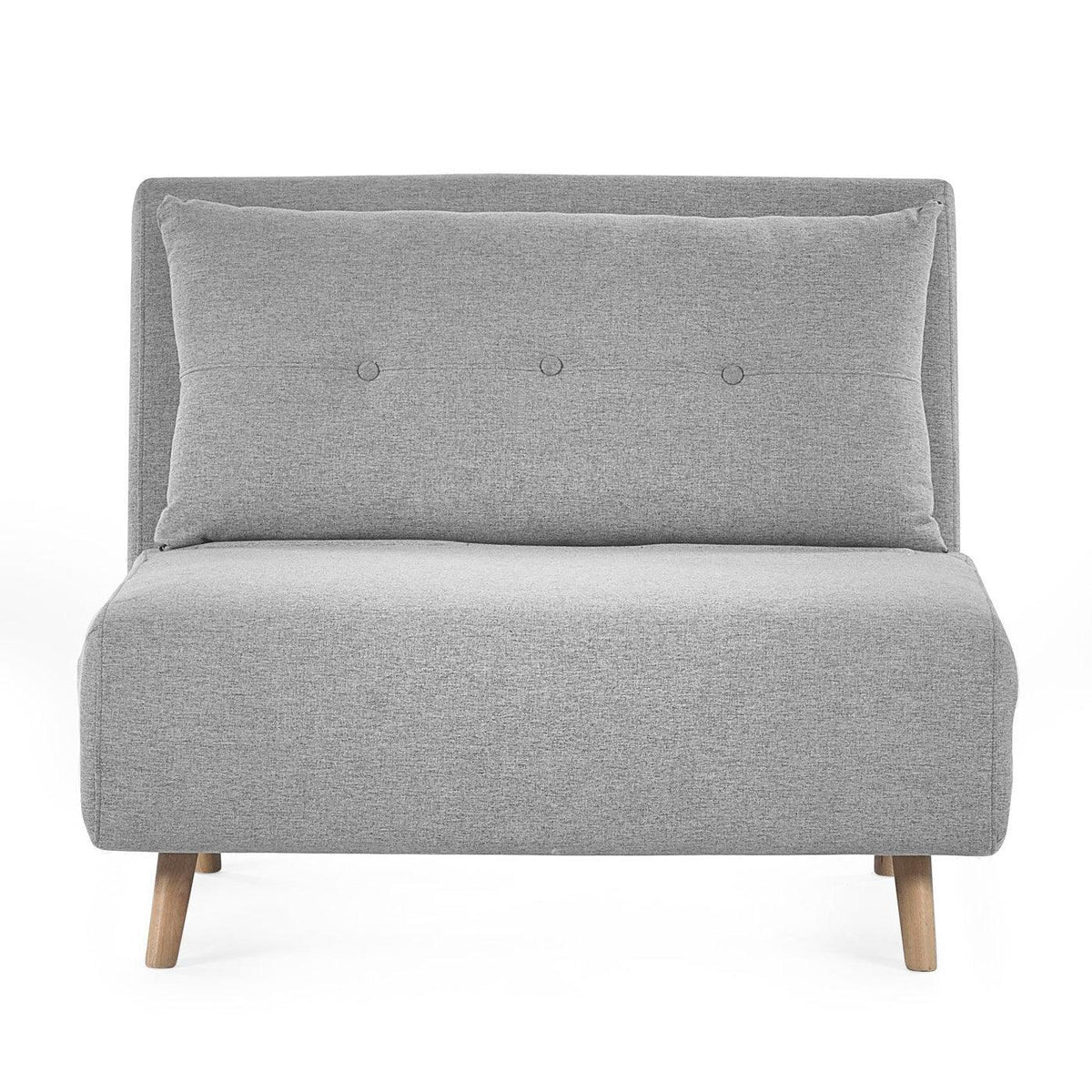 Grey single sofabed with wooden legs and buttoned backrest, front view