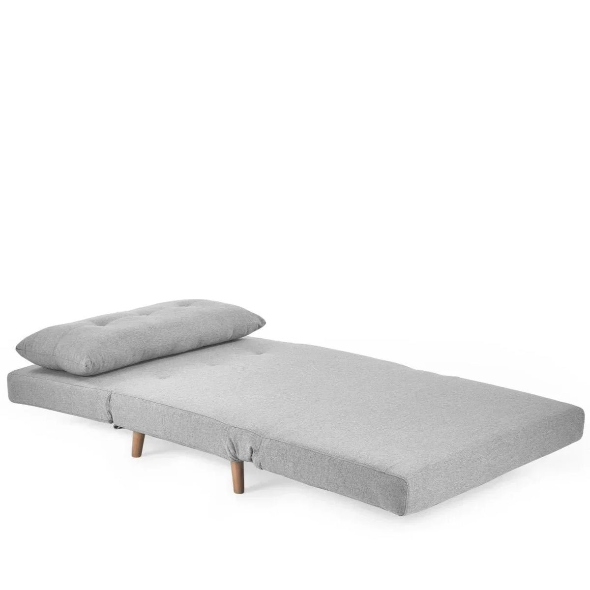 Grey single sofabed with wooden legs fully extended into bed position