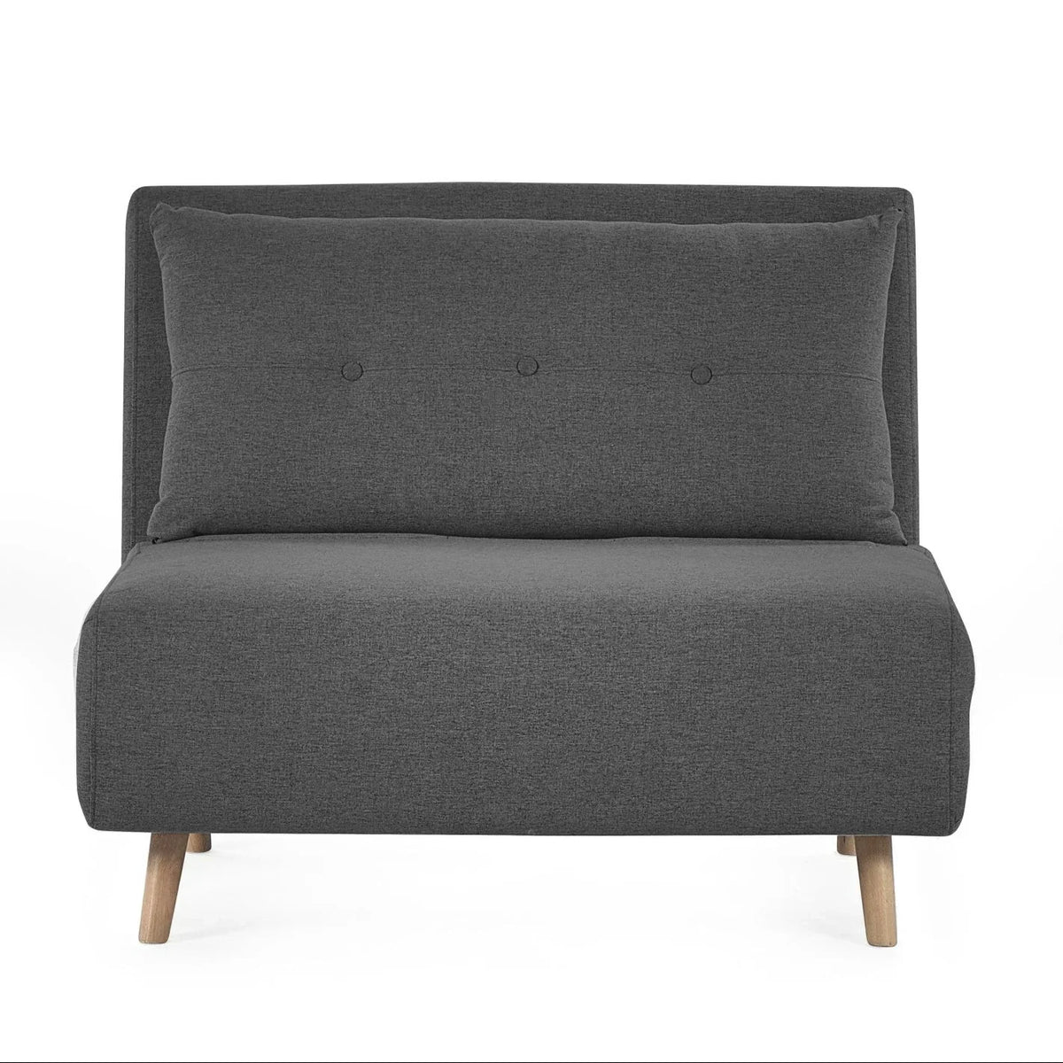 Mid grey single sofabed with wooden legs, buttoned back cushion, front view