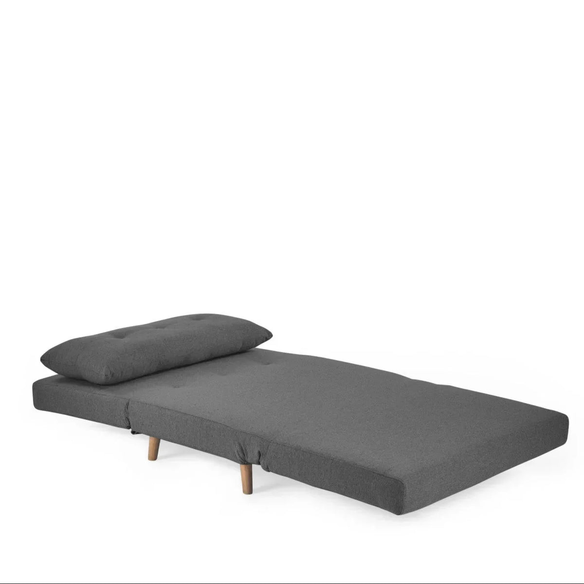 Rowan single sofabed in mid grey fabric shown in flat bed position with wooden legs