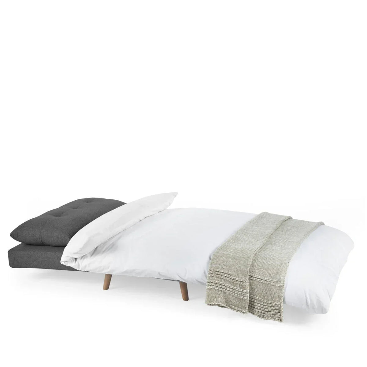 Mid grey single sofabed in bed position with white bedding and wooden legs