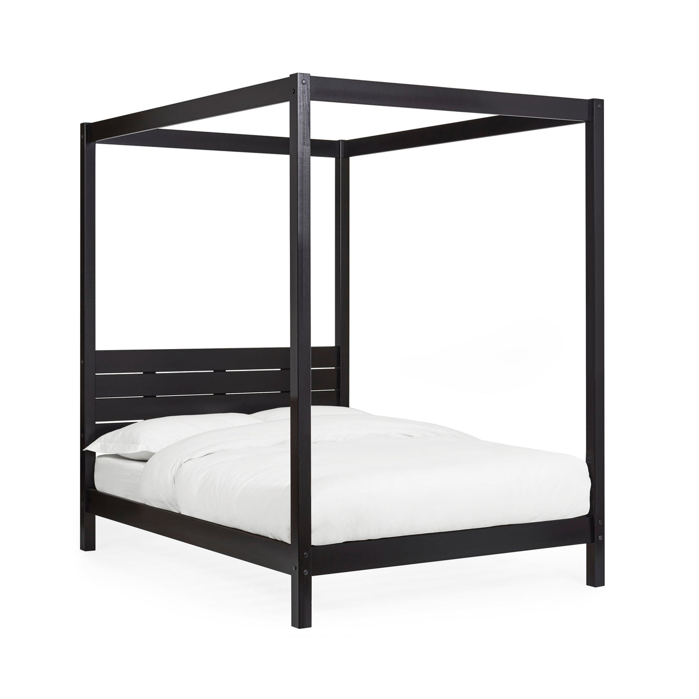 Black wooden canopy bed with white bedding shown at an angle on a white background