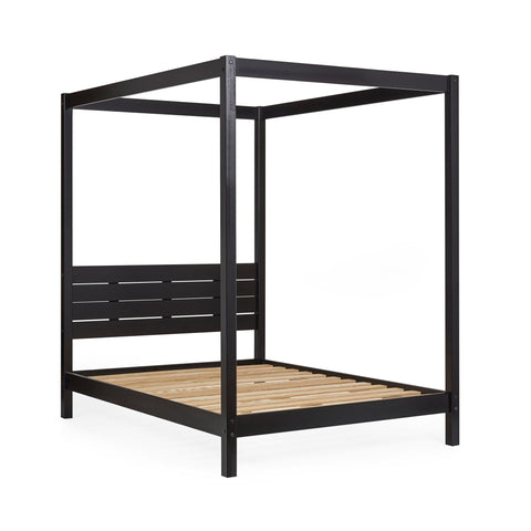 Black wooden canopy bed frame with slatted headboard and exposed wooden bed slats, no mattress shown