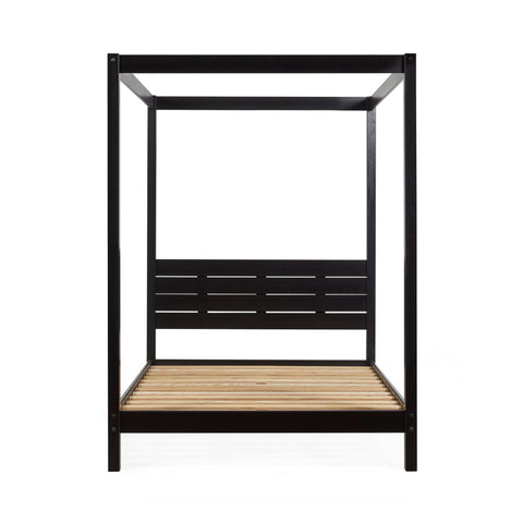 Black wooden canopy bed frame front view with slatted headboard and exposed wooden bed slats