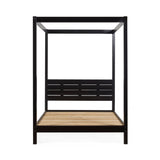 Black wooden canopy bed frame front view with slatted headboard and exposed wooden bed slats