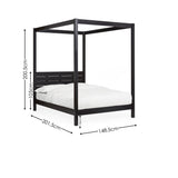 Black wood canopy bed with white bedding, slatted headboard, dimensions overlay, side angle view