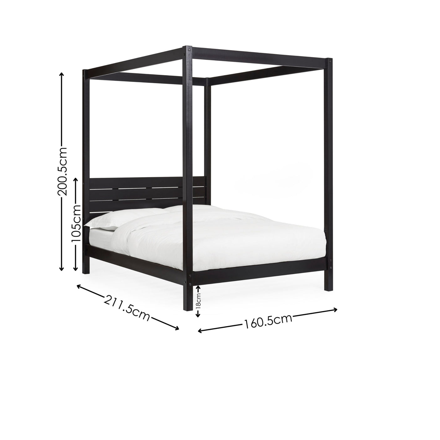 Black wood canopy bed in larger size with white bedding, slatted headboard, dimensions overlay, side angle view
