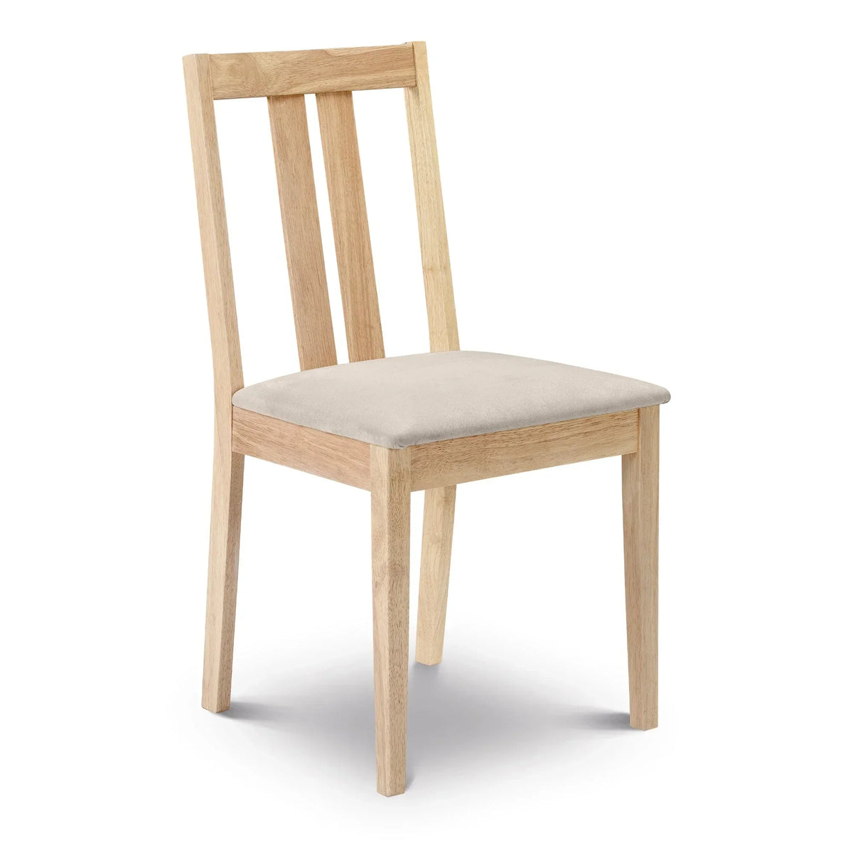 Natural wood dining chair with slatted backrest and light upholstered seat