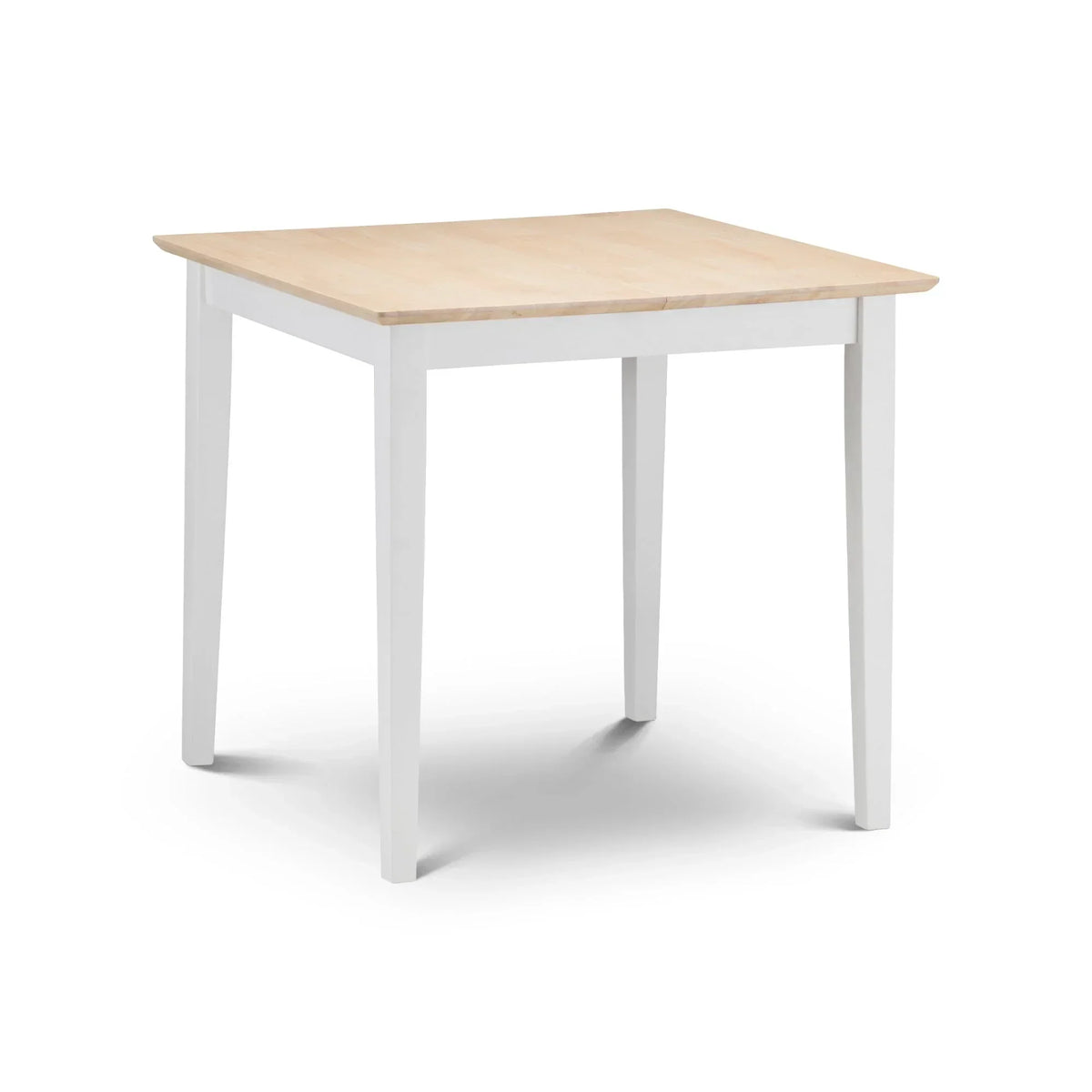 Two-tone dining table with ivory painted legs and a natural wood top, angled side view