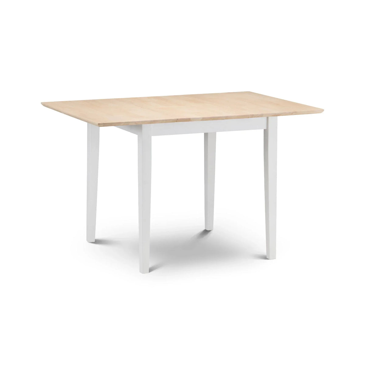 Two-tone dining table with natural wood top and ivory legs, angled view on white background