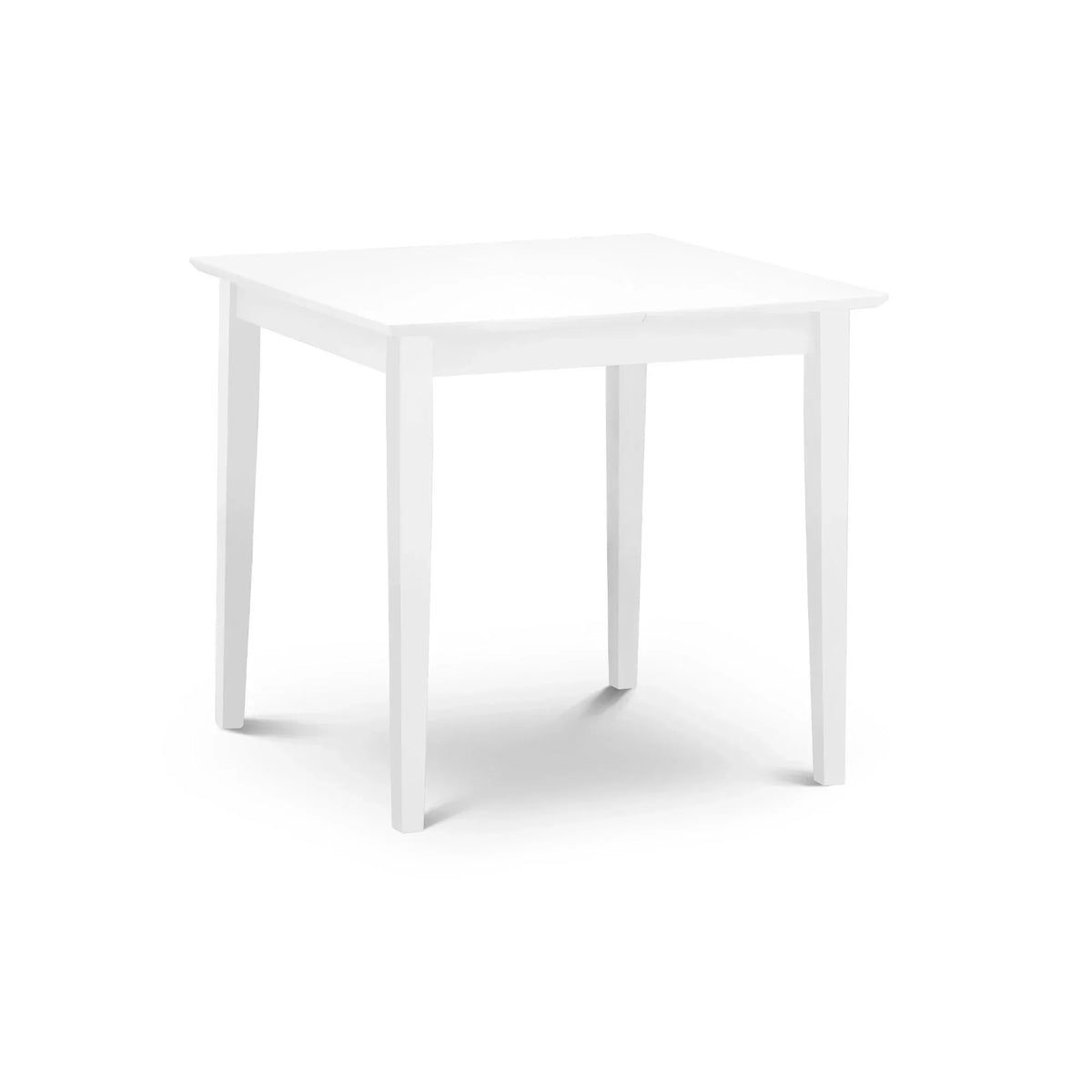 White wooden dining table with square top and straight legs on white background