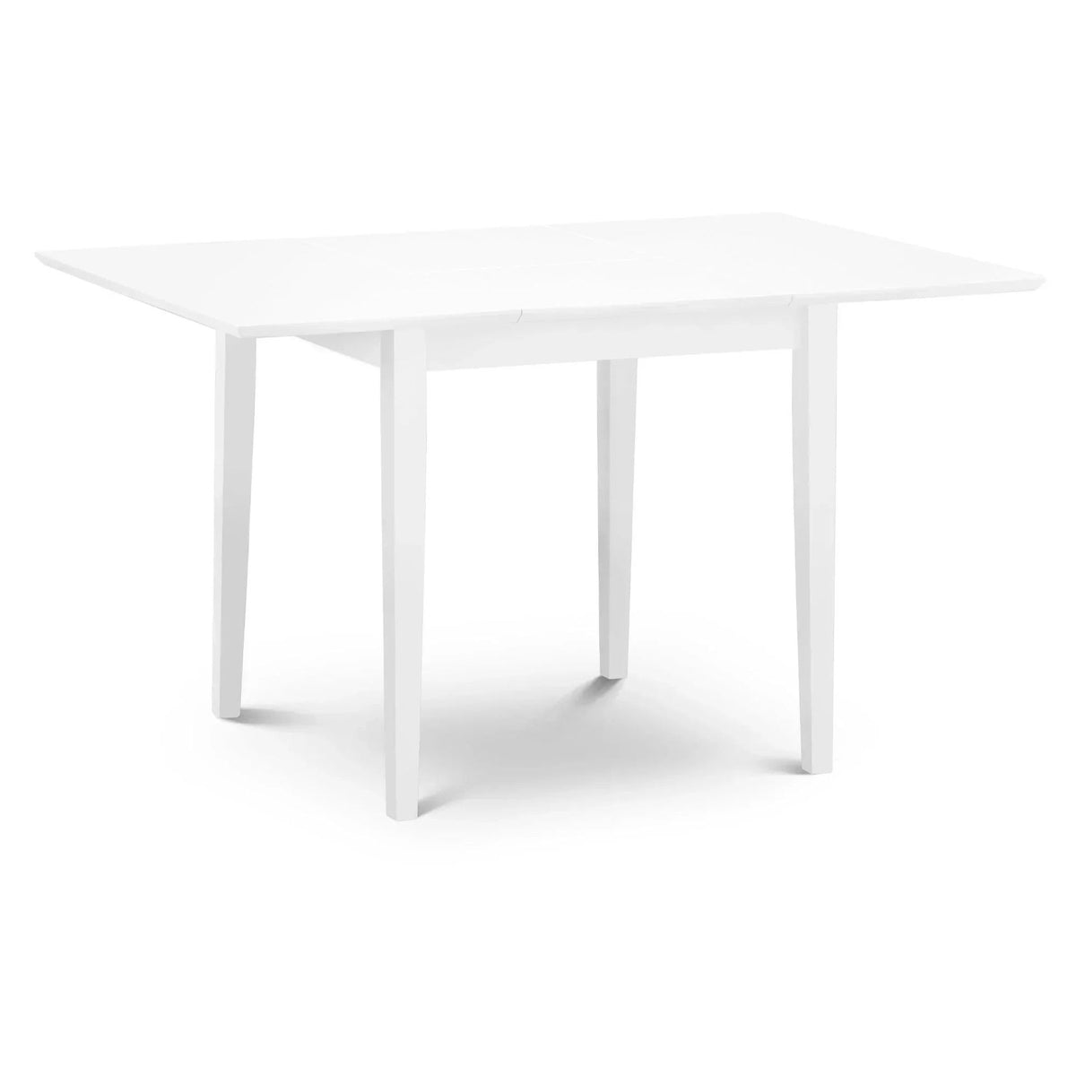 White dining table with tapered wooden legs, angled cut-out product shot