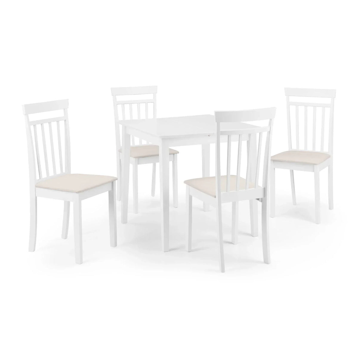 White wooden dining table with four matching chairs and cushioned seats