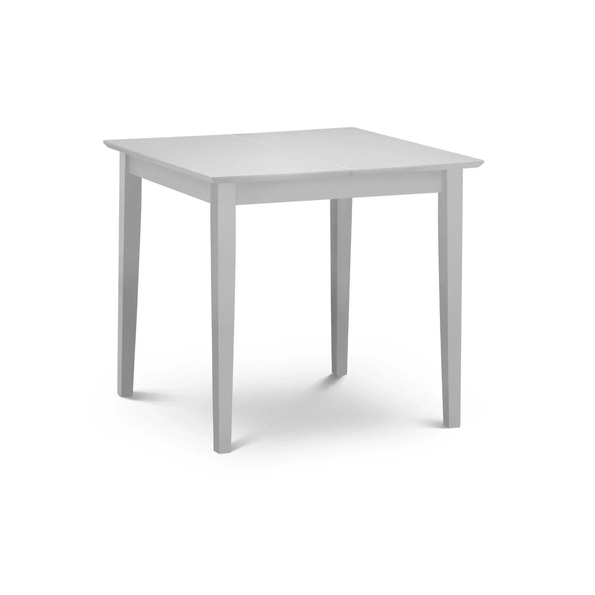 Grey wooden dining table with square top and tapered legs, shown on white background