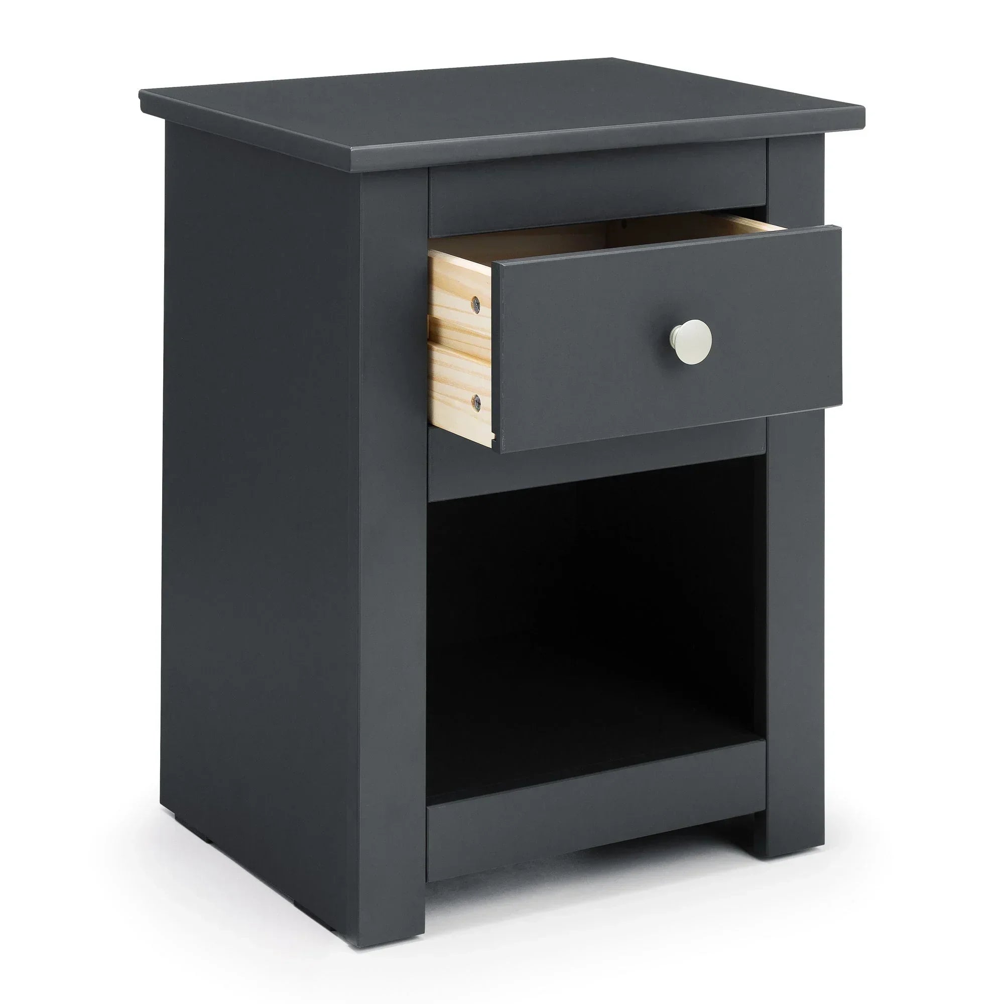 Anthracite bedside table with open drawer and lower shelf, modern wood furniture