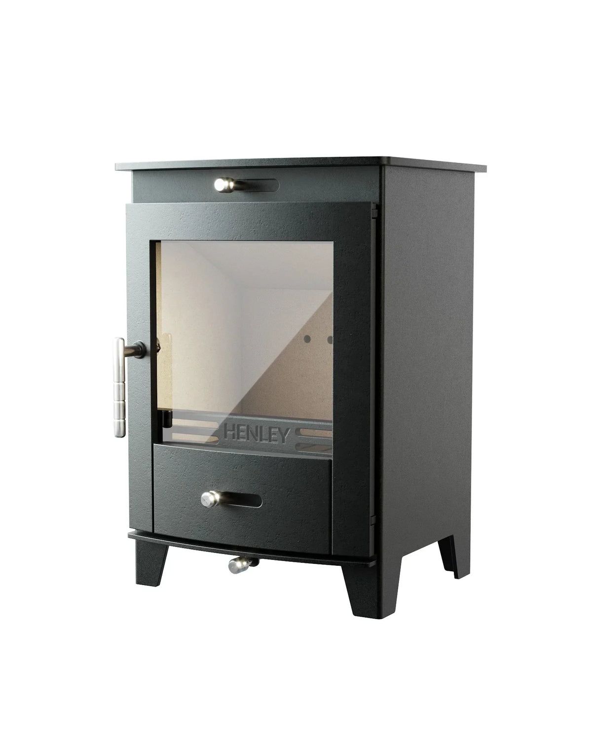 Black freestanding wood burning stove with glass door and metal handle, right side view