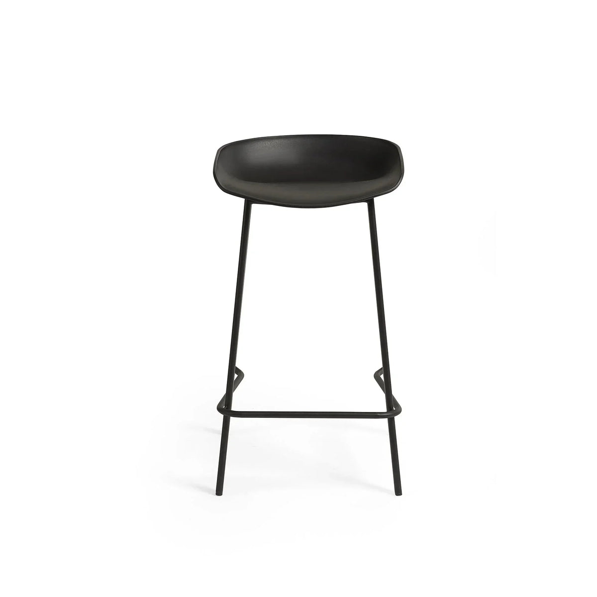 Black bar stool with curved seat and metal legs, front view on white background