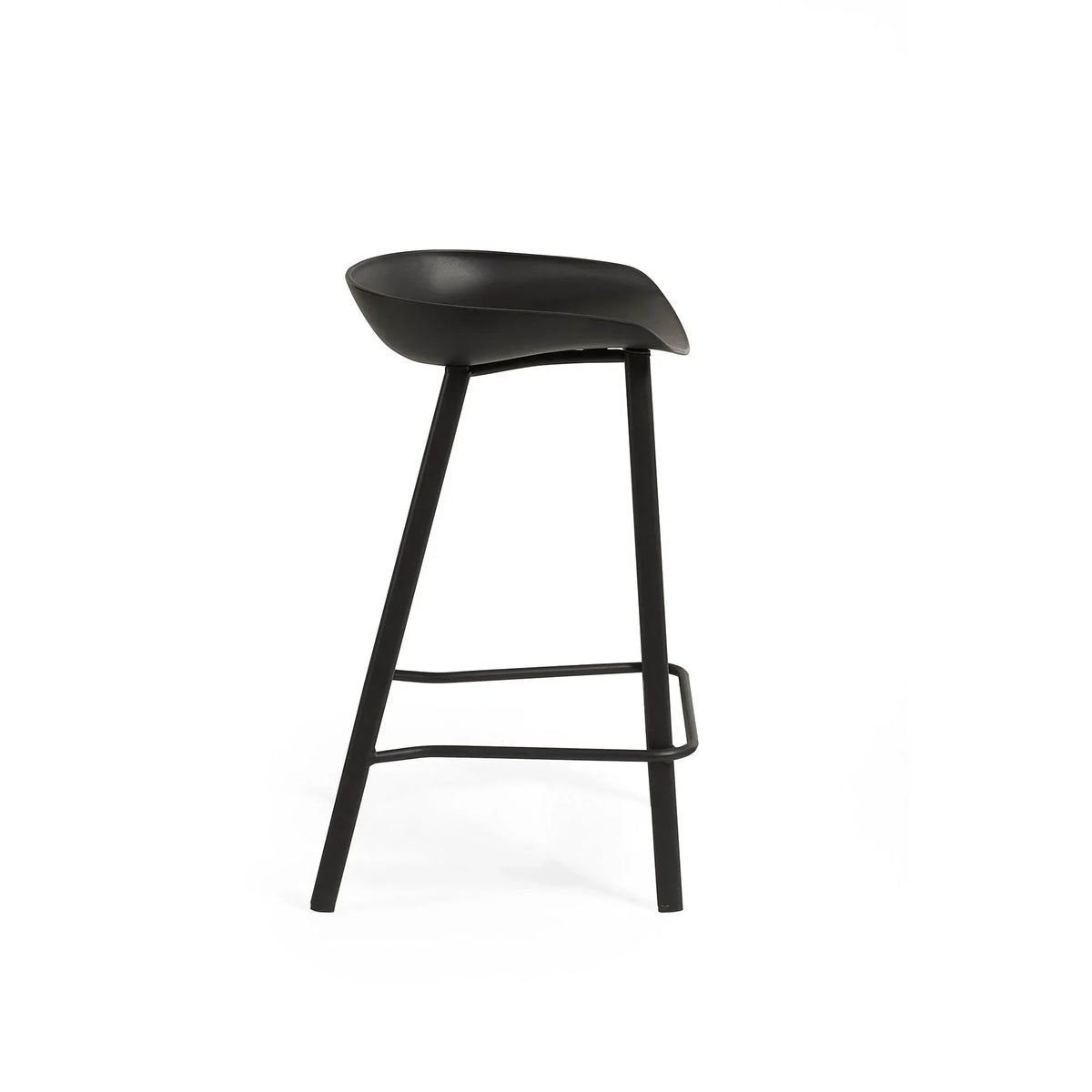 Black bar stool with curved seat and metal legs shown from the side