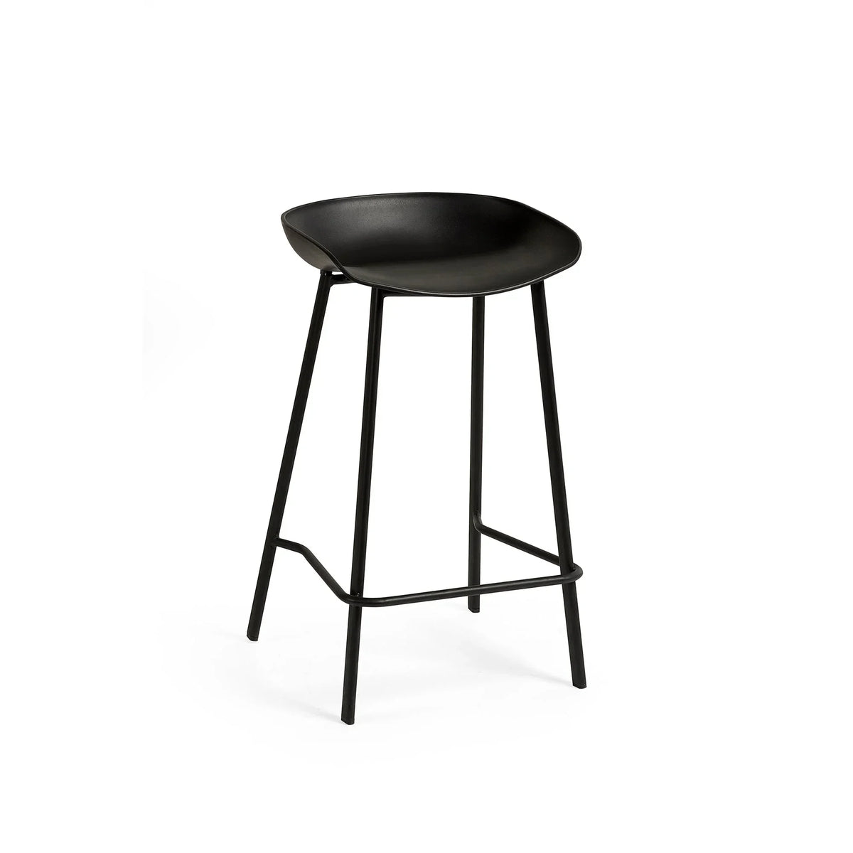 Black bar stool with curved seat and slim metal legs, front view on white background