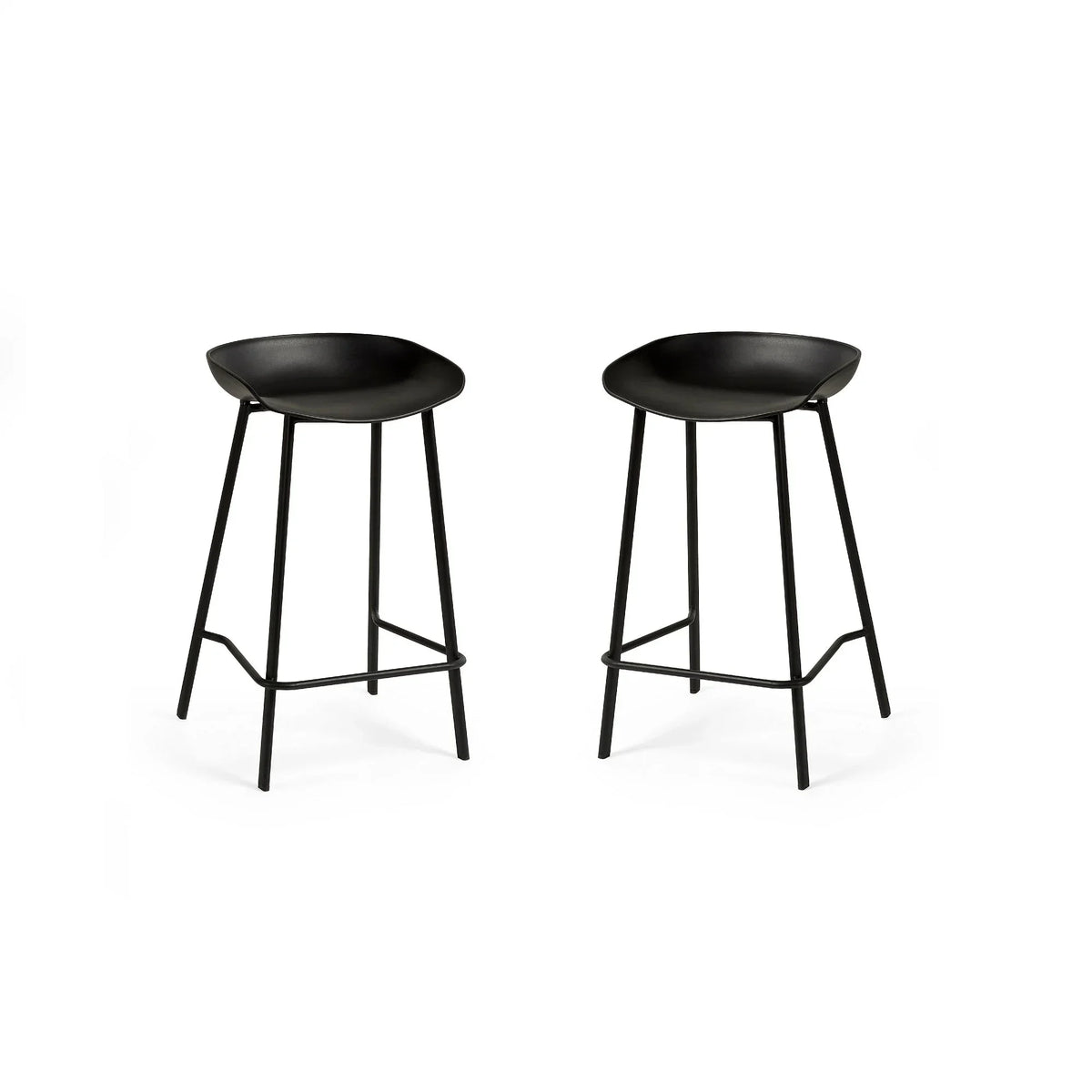 Pair of black bar stools with curved seats and slim metal legs on white background