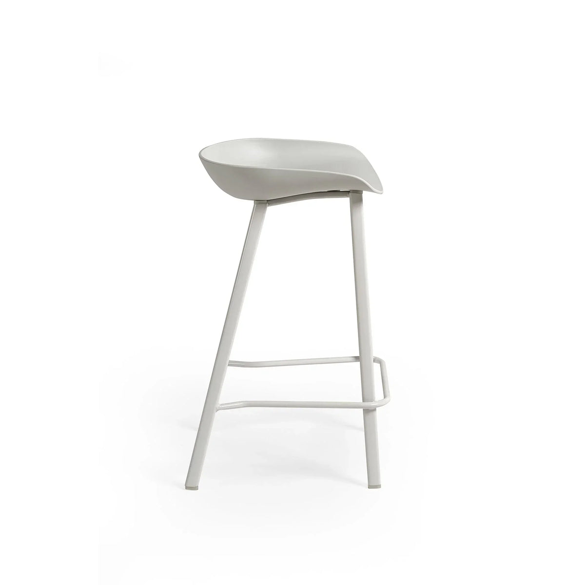Grey bar stool with curved seat and metal legs shown from side angle
