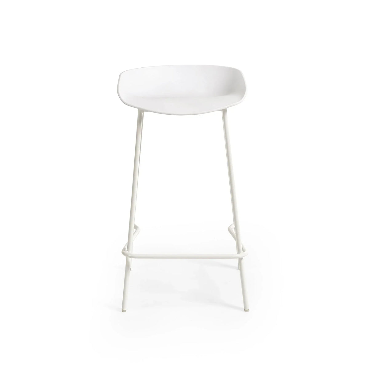 White bar stool with curved seat and metal legs, front view on white background