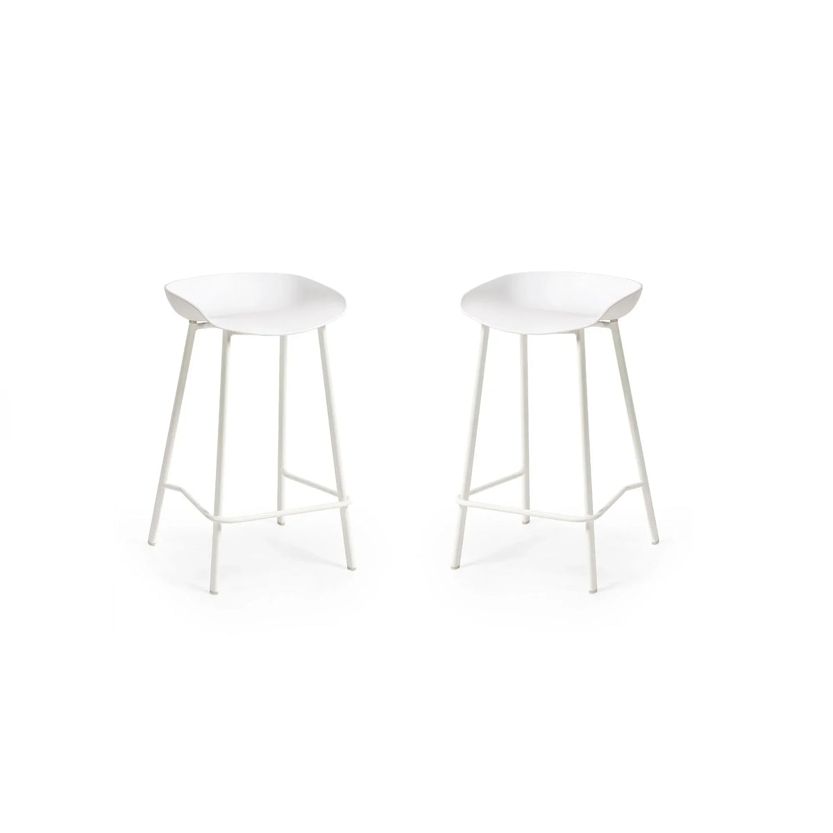 Pair of white bar stools with metal legs and curved seats on white background