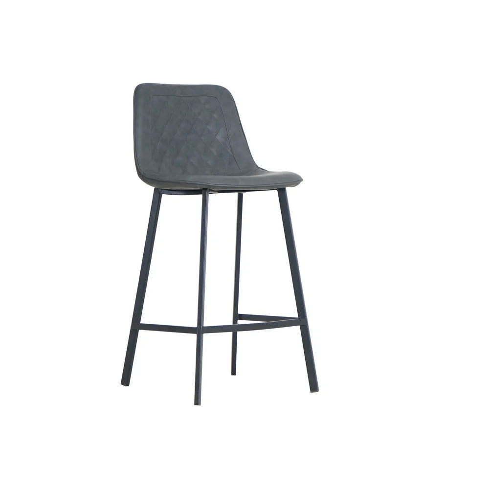 Retro bar stool in grey with quilted seat and black metal legs, angled view