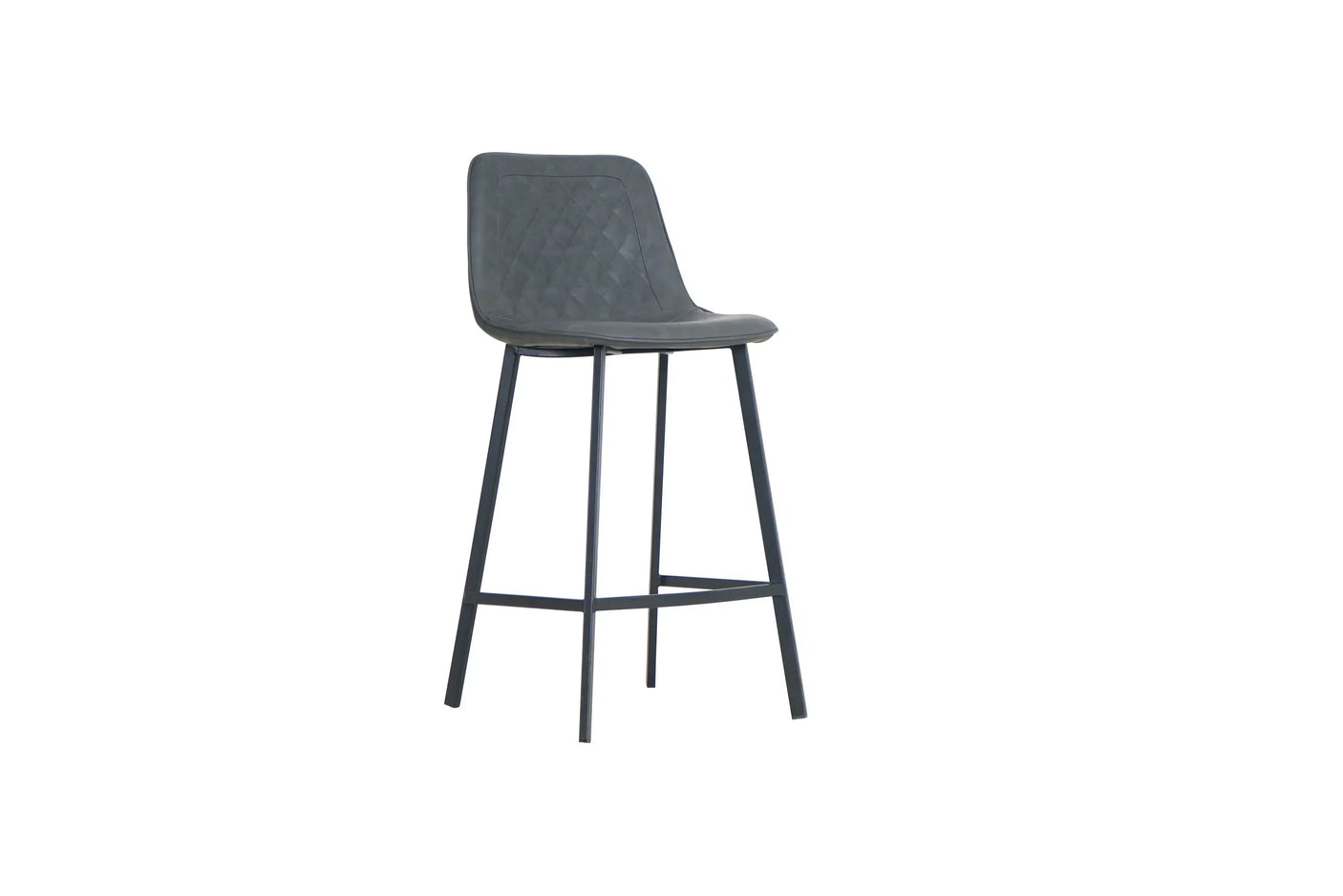 Retro bar stool in grey with quilted seat and black metal legs, angled view