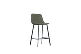 Retro bar stool in pale oyster with quilted seat and black metal legs, side view
