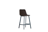 Retro bar stool with brown quilted seat and black metal legs, side angle on white background