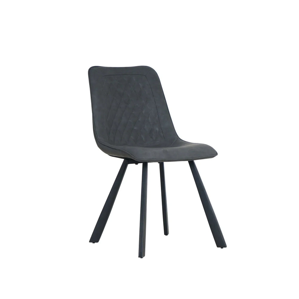 Retro grey dining chair with metal legs and quilted seat upholstery, front angle view