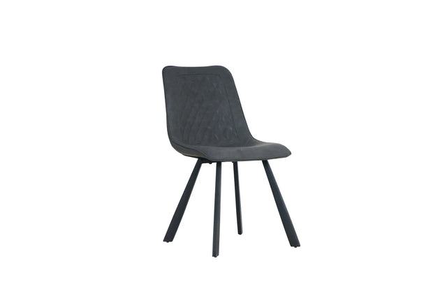 Retro grey dining chair with metal legs and quilted seat upholstery, front angle view