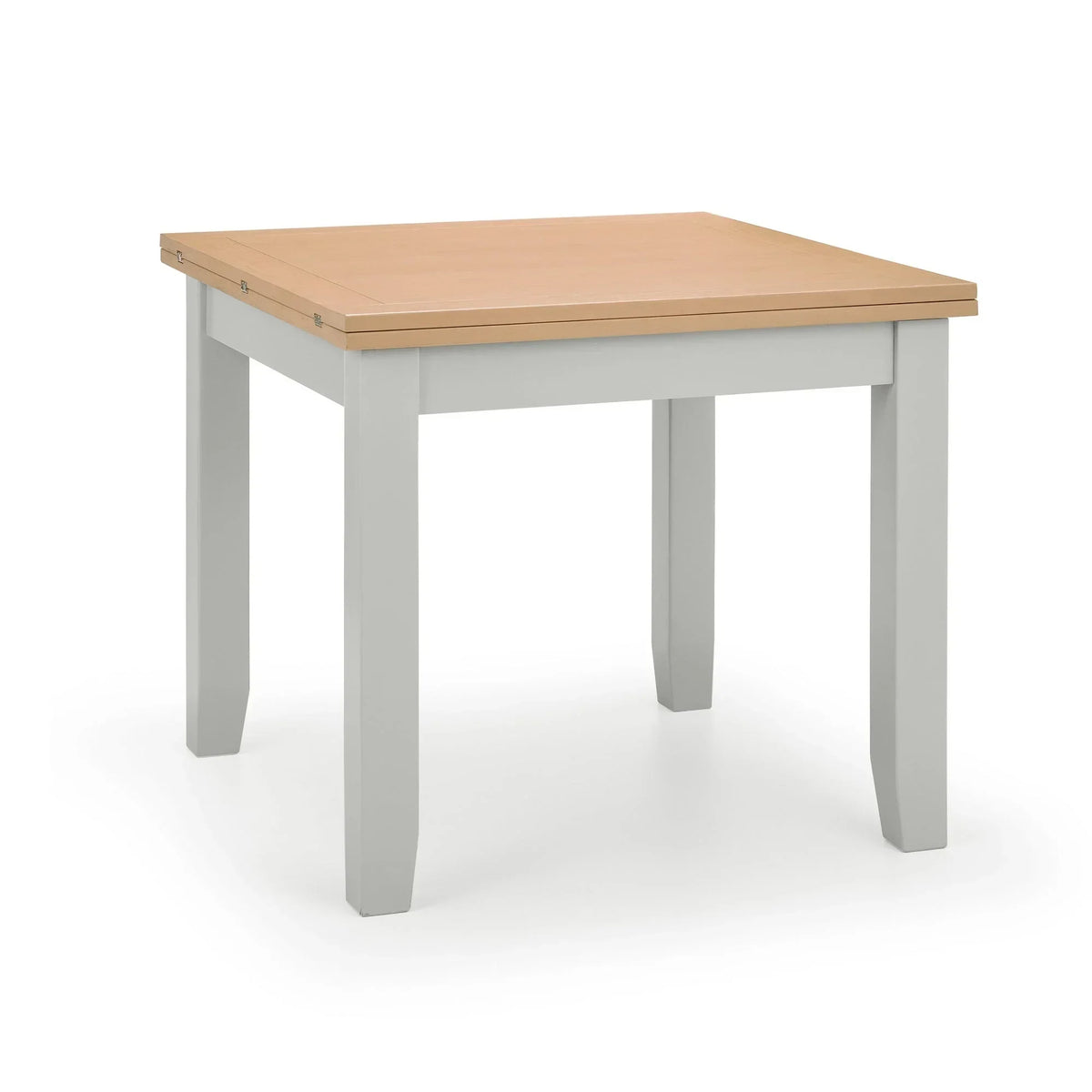 Closed flip-top dining table with light wood top and white legs on white background