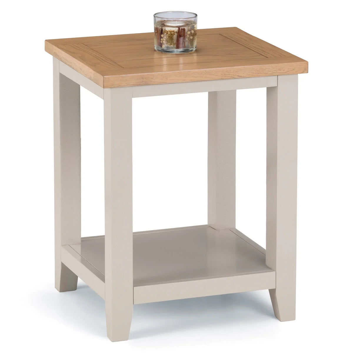 Grey lamp table with oak top, lower shelf, and small candle, angled front view