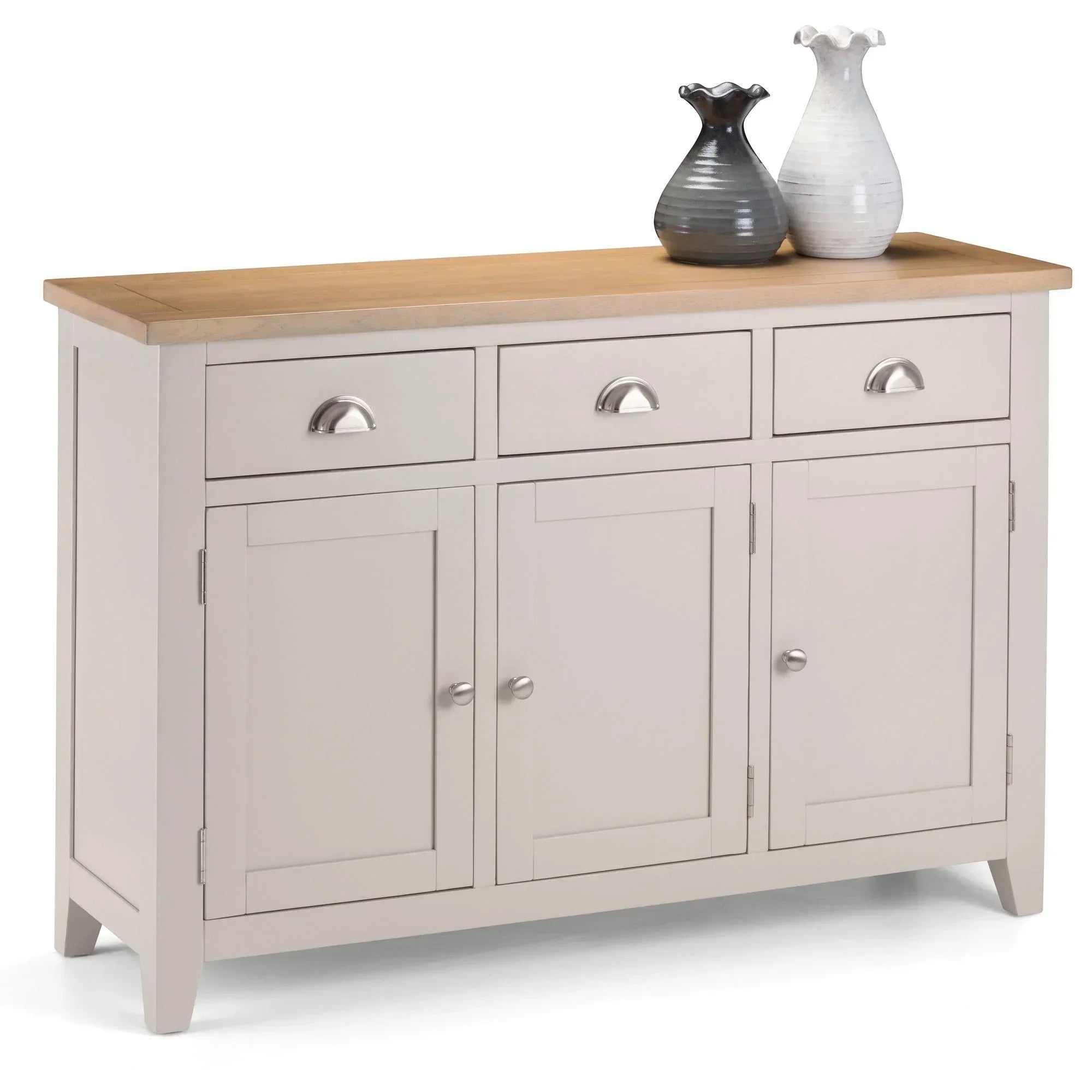 Grey sideboard with oak top, three drawers, three doors, and two decorative vases