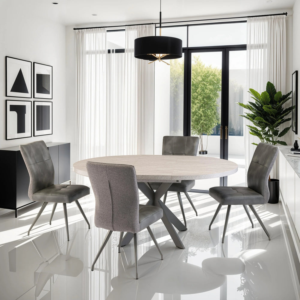 Light Grey Round Extending Dining Table 1.2m to 1.6m with Grey Legs