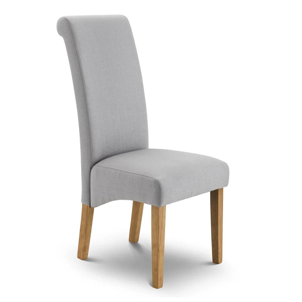 Shale grey dining chair with upholstered seat and oak wooden legs on white background