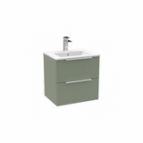 Satin green wall hung bathroom vanity unit with two drawer storage and contemporary design | Home Centre Direct UK