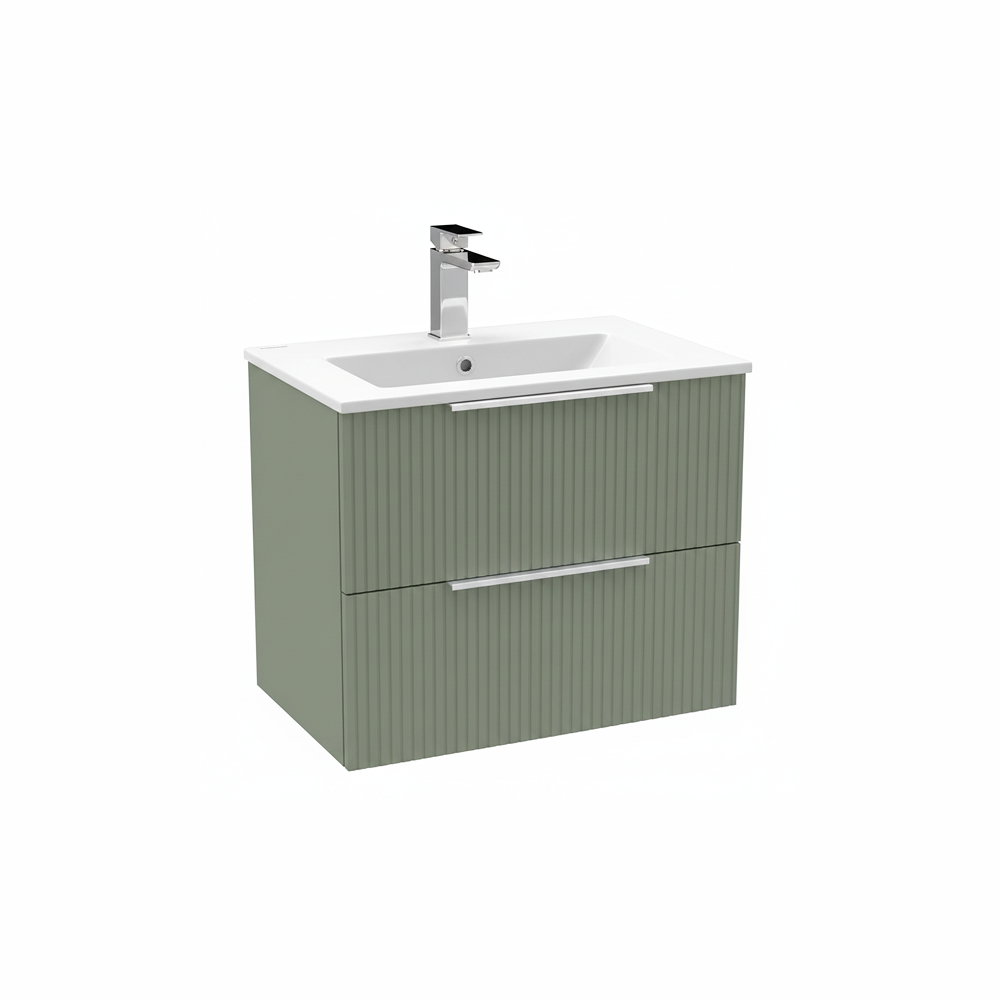 Satin green wall hung bathroom vanity unit with two drawer storage and modern design | Home Centre Direct UK