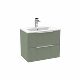 Satin green wall hung bathroom vanity unit with two drawer storage and modern design | Home Centre Direct UK