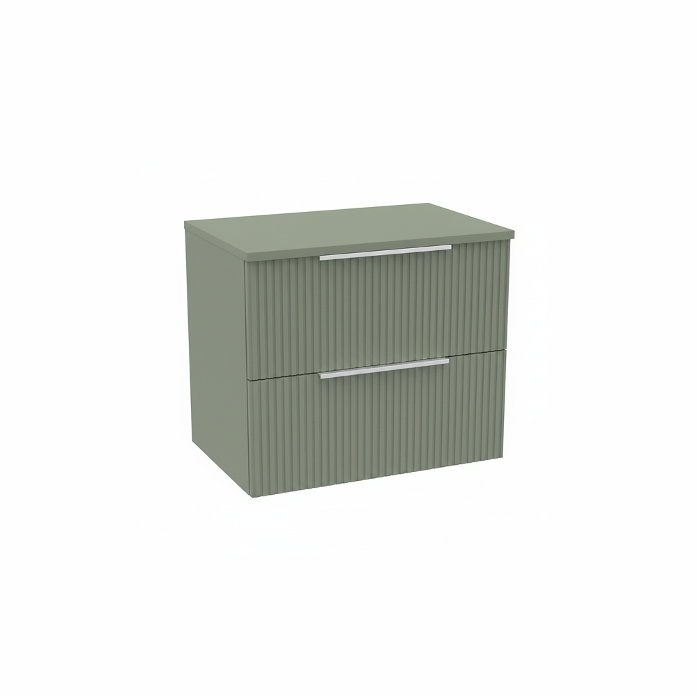 Satin green wall hung bathroom vanity unit with double drawers and matching worktop | Home Centre Direct UK