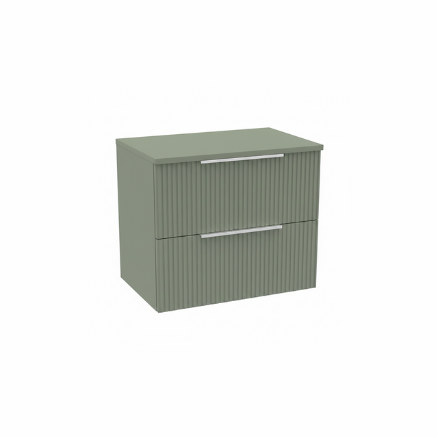 Satin green wall hung bathroom vanity unit with double drawers and matching worktop | Home Centre Direct UK