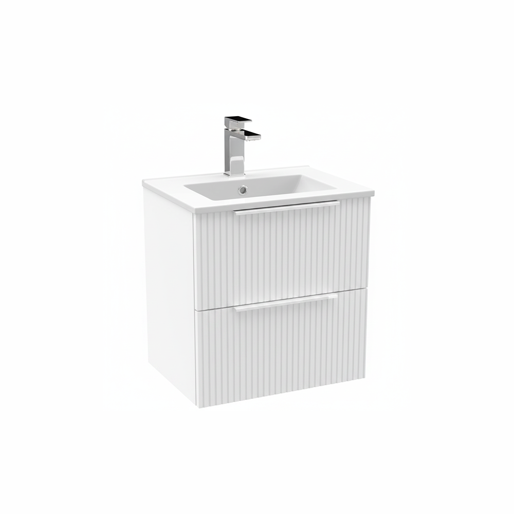 Satin white wall hung bathroom vanity unit with two drawer storage | Home Centre Direct UK