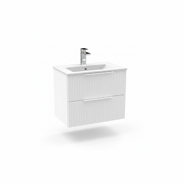 Satin white wall hung bathroom vanity unit with two drawer storage and contemporary design | Home Centre Direct UK