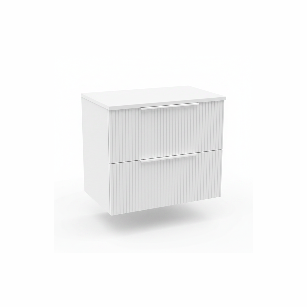 Satin white wall hung bathroom vanity unit with double drawer storage and worktop | Home Centre Direct UK