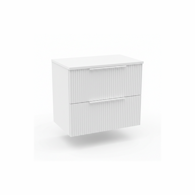 Satin white wall hung bathroom vanity unit with double drawer storage and worktop | Home Centre Direct UK