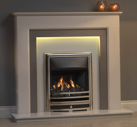 Riverslea 48" Arctic White Micromarble Mantel featuring an elegant design with integrated lighting, showcasing a modern fireplace with realistic flames and decorative stones.