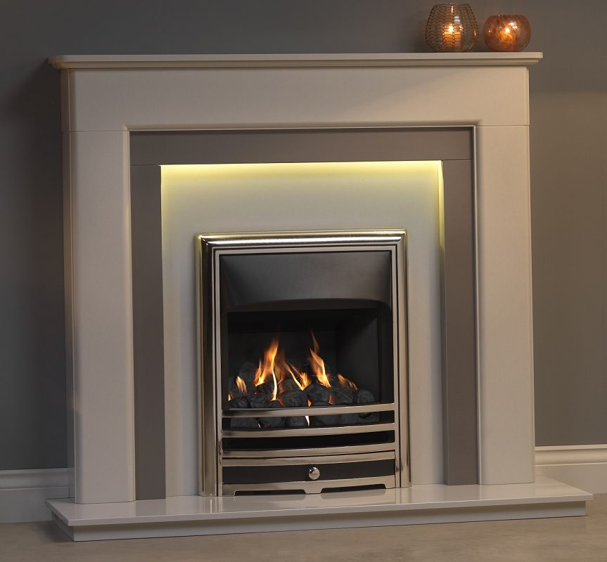 Riverslea 48" Arctic White Micromarble Mantel featuring an elegant design with integrated lighting, showcasing a modern fireplace with realistic flames and decorative stones.